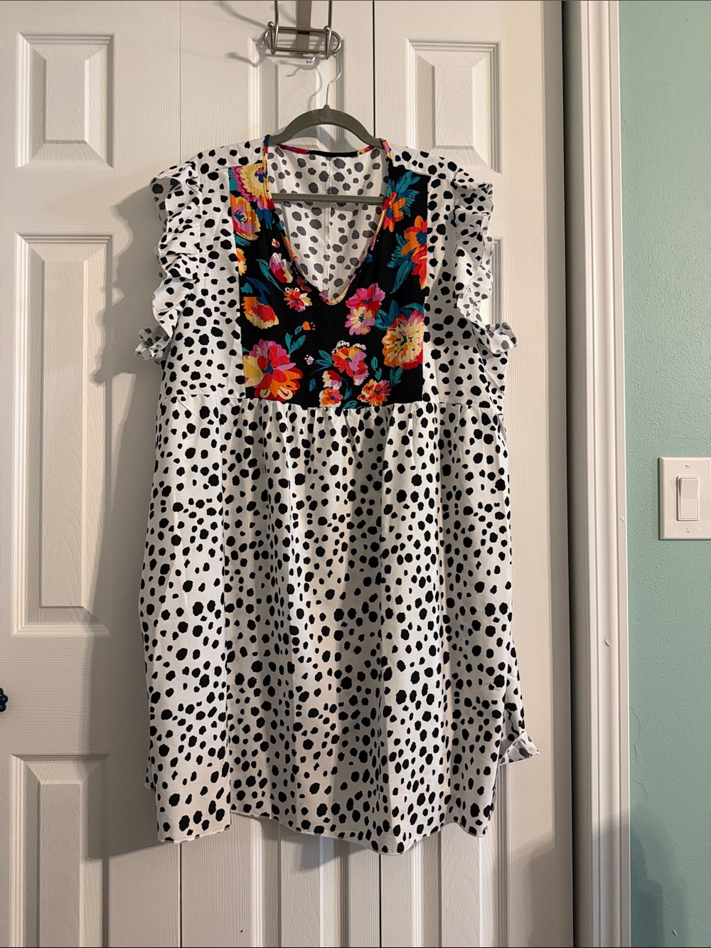Girls Black & White Dalmatian Print Dress with Floral Bodice